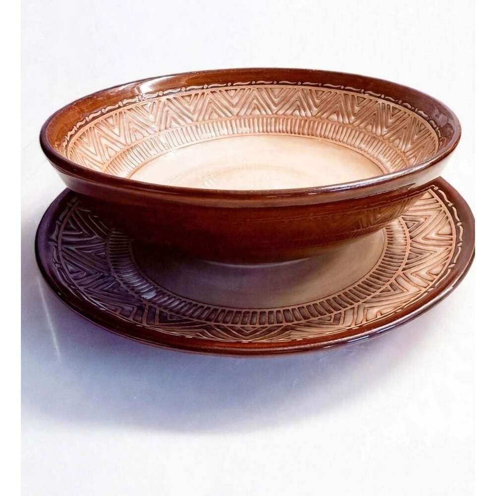 Brown Tribal Stoneware Bowl + Plate Set Rustic Embossed Geometric Dinnerware